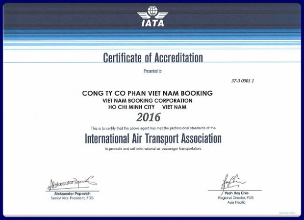 Chứng nhận IATA của Vietnam Booking 